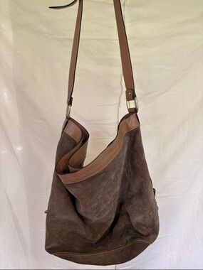 Brown Suede Shoulder Bag with Leather Trim
